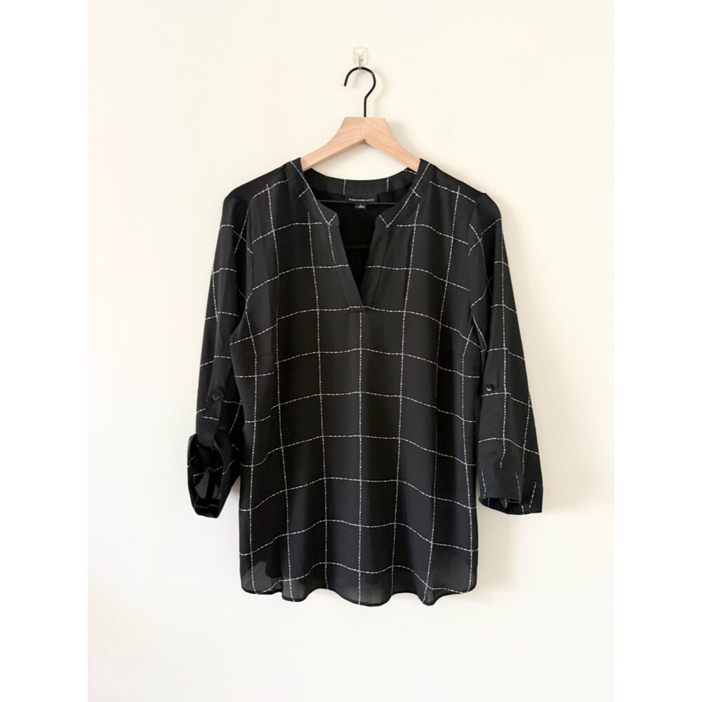 Fortune & Ivy Black Windowpane Split-Neck Roll-Sleeve Tunic Size L